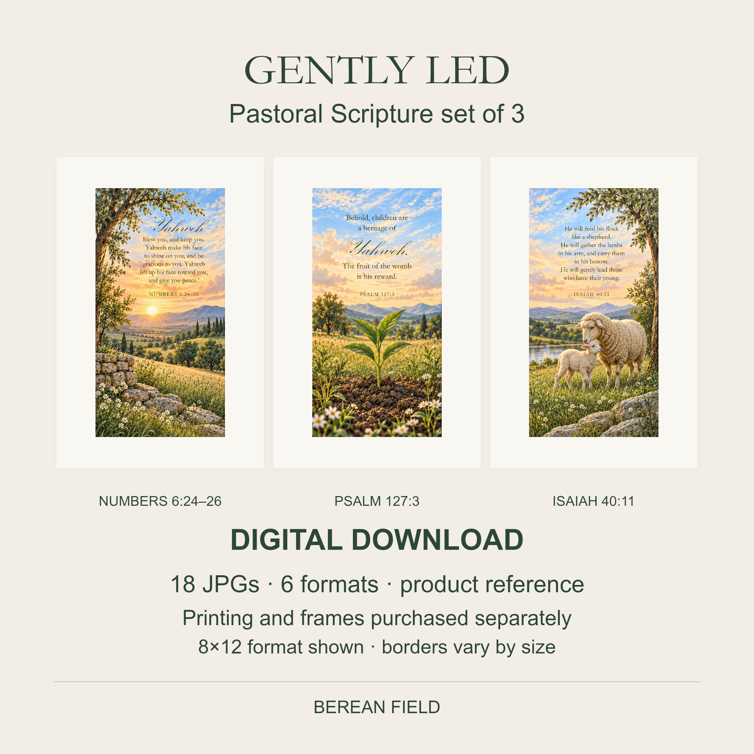 GENTLY LED: the Blessing, Heritage, and Gently Led pastoral Scripture prints displayed together.