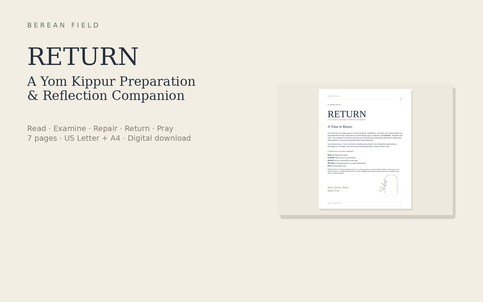BEREAN FIELD RETURN Yom Kippur preparation and reflection companion shown beside a preview of the first printable page; seven pages in US Letter and A4.