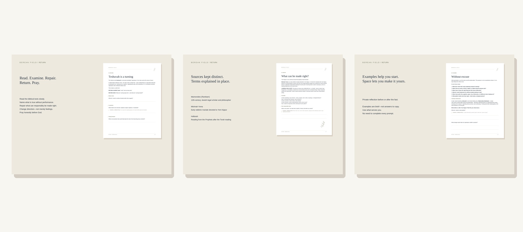 Three RETURN sample layouts showing the Read–Examine–Repair–Return–Pray rhythm, source explanations, and private reflection space.
